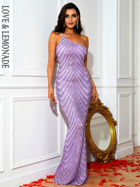 LOVE&amp;LEMONADE Sexy Purple Diagonal Neck One Shoulder Sleeveless Sequin Geometric Pattern Dinner Fishtail Maxi Dress LM84196