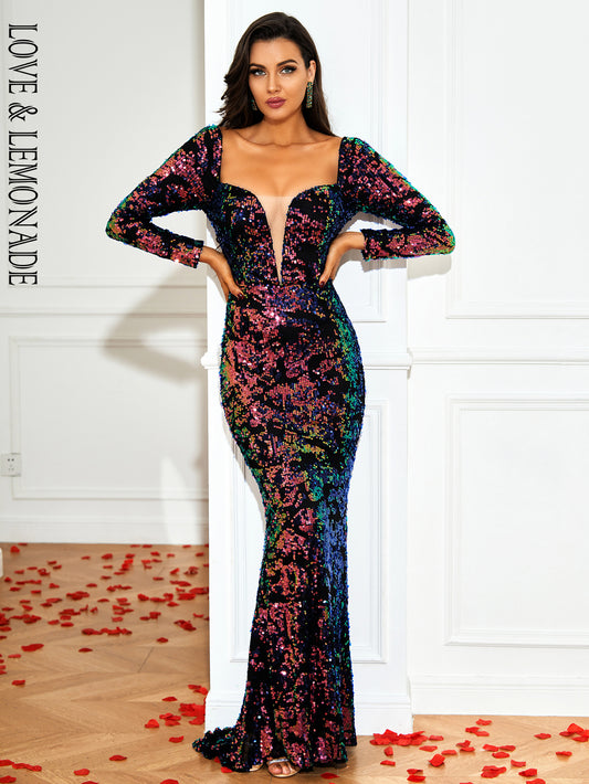 LOVE&amp;LEMONADE Sexy Purple Square Neck Tube Top Long Sleeve Sequined Fishtail Party Maxi Dress LM84097