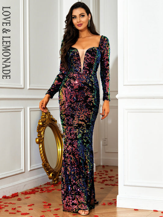 LOVE&amp;LEMONADE Sexy Purple Square Neck Tube Top Long Sleeve Sequined Fishtail Party Maxi Dress LM84097