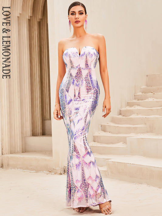 LOVE&amp;LEMONADE Sexy Purple Tube Top Sleeveless Open Back Geometric Fishtail Party Maxi Dress LM84078