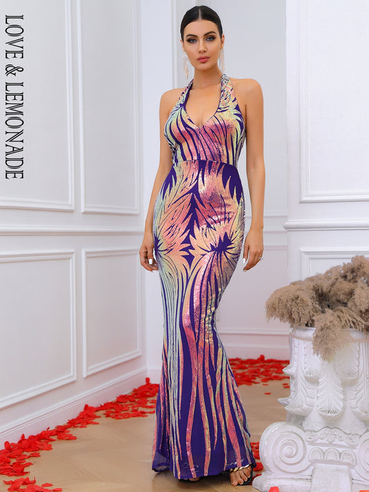 LOVE&amp;LEMONADE Sexy Purple V-Neck Sleeveless Halter Tunic Sequin Geometric Party Maxi Dress LM84060