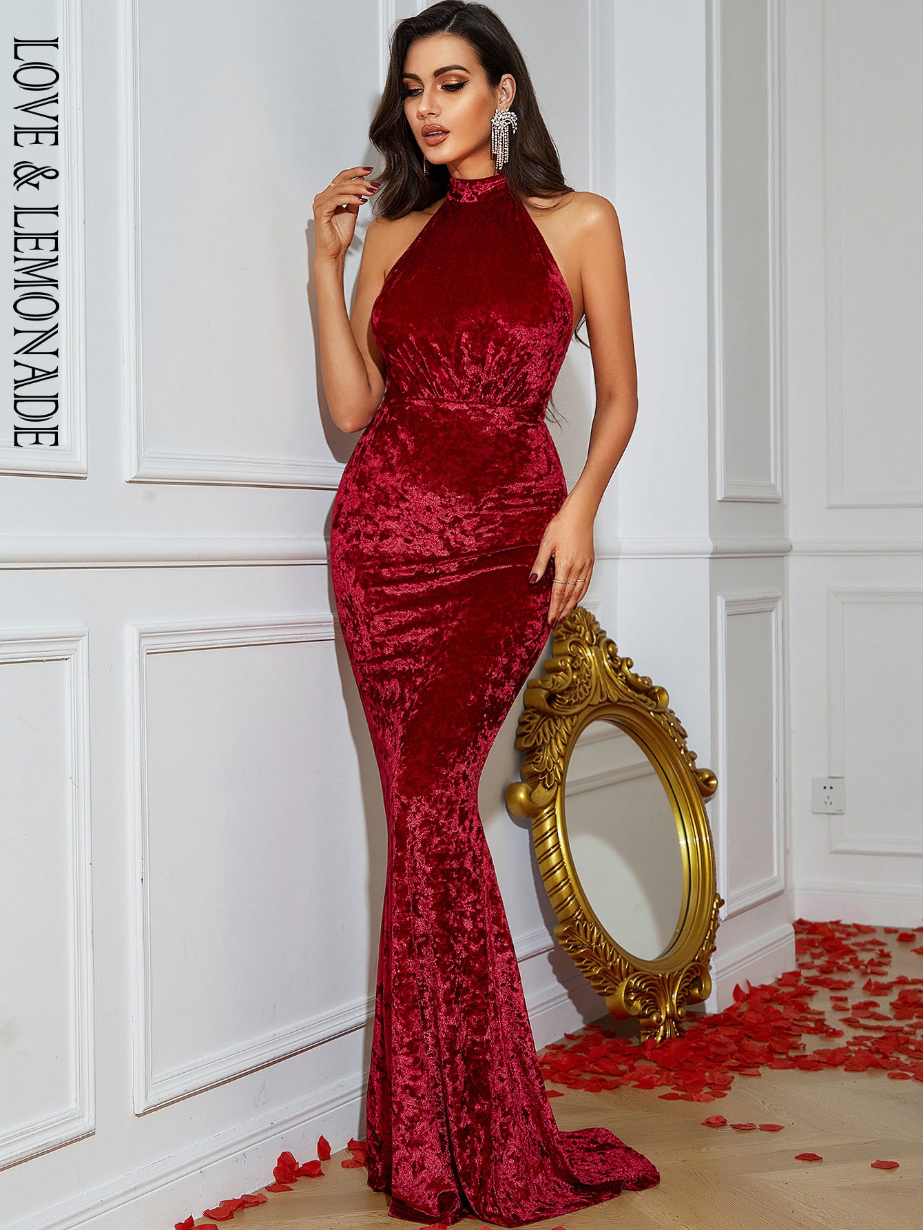 LOVE&amp;LEMONADE Sexy Red Crew Neck Back Top Stretch Sequin Party Long Dress LM84011-1