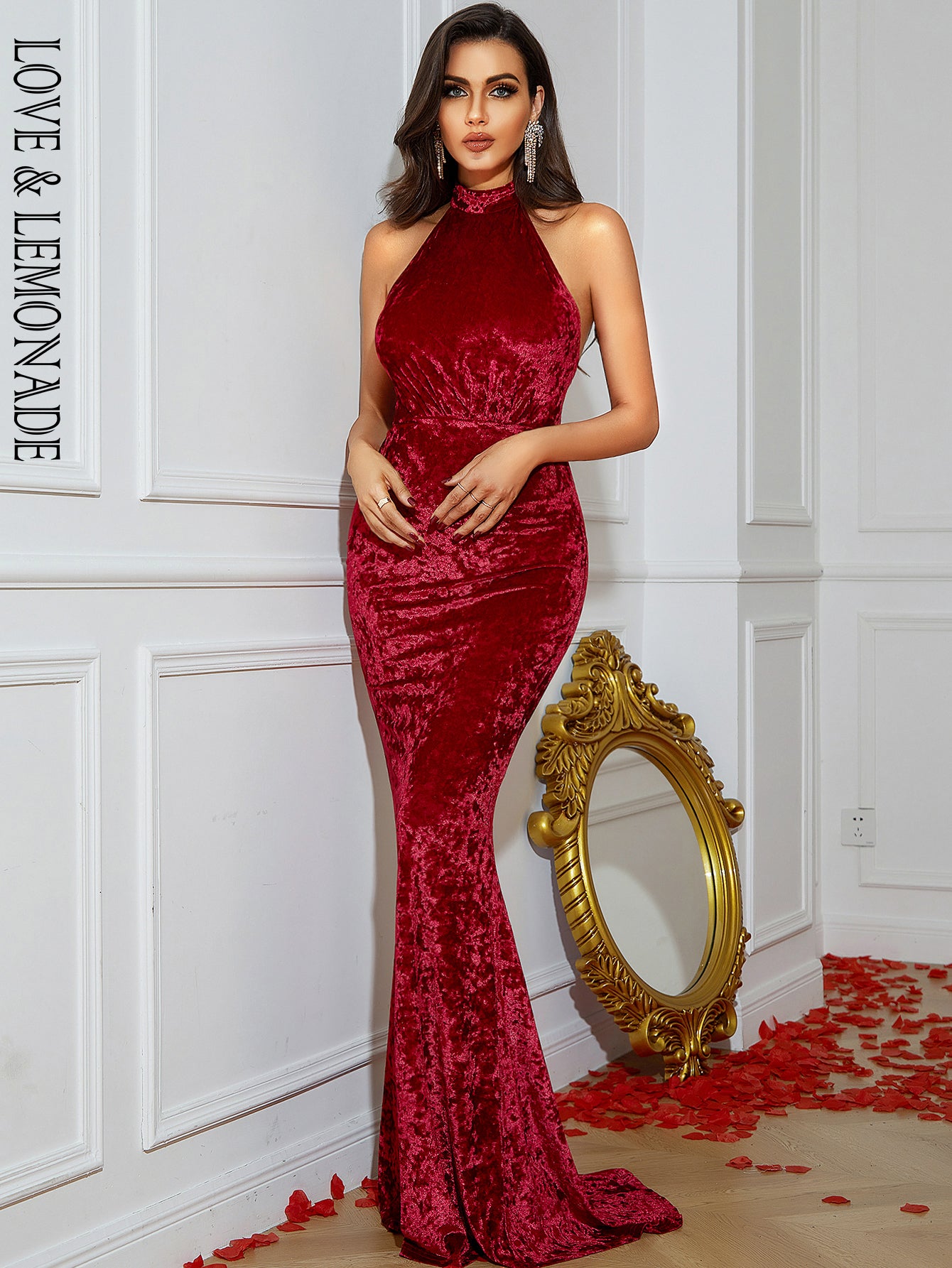 LOVE&amp;LEMONADE Sexy Red Crew Neck Back Top Stretch Sequin Party Long Dress LM84011-1