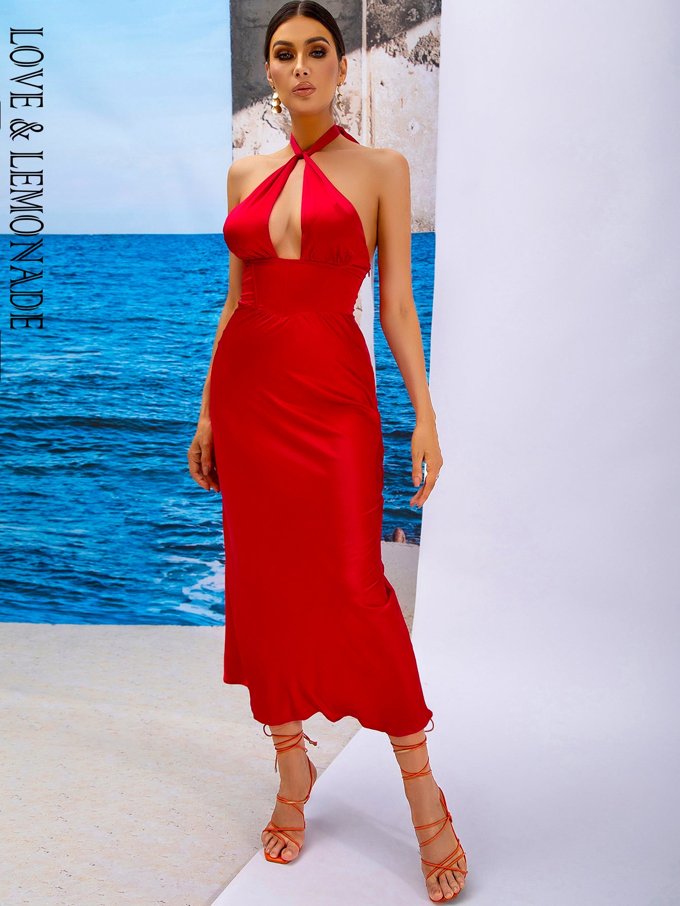 LOVE&amp;LEMONADE Sexy Red Cross Straps Sleeveless Corset Slim Satin Party Midi Dress AD03820-RED