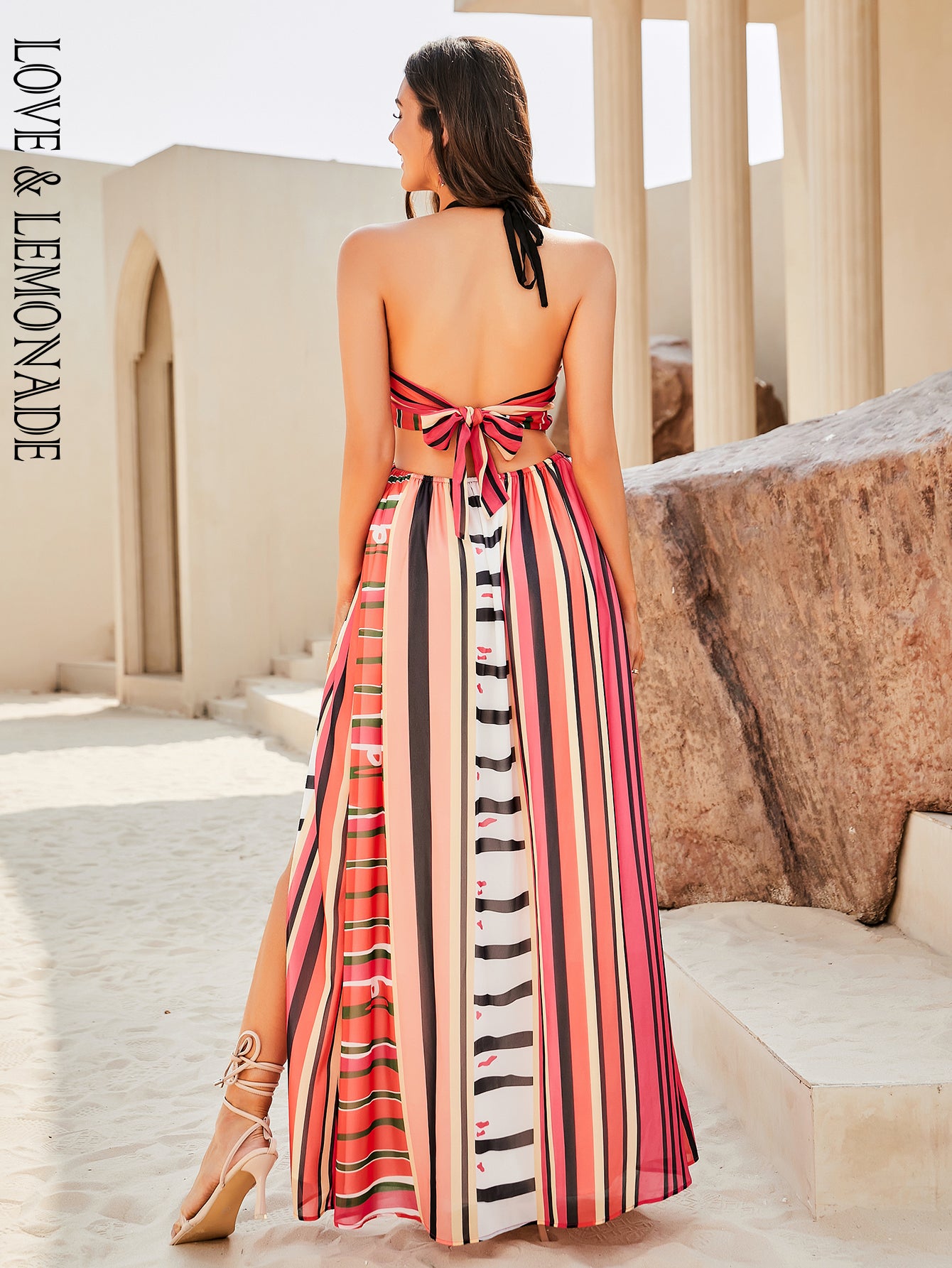 LOVE&amp;LEMONADE Sexy Red Cross Straps Wrap Chest Open Back A-Line Slit Beach Dress LM84381