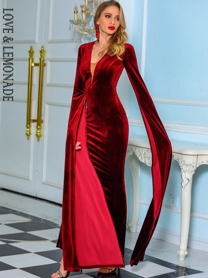 LOVE&amp;LEMONADE Sexy Red Deep V-Neck Split Long-Sleeved Tight-Fitting Prom Dress LM83985