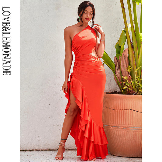 LOVE&amp;LEMONADE Sexy Red Off-Shoulder Cut-Out Split Ruffled Reflective Satin Party Maxi Dress LM82202-A