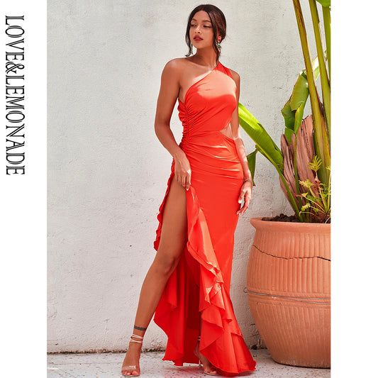 LOVE&amp;LEMONADE Sexy Red Off-Shoulder Cut-Out Split Ruffled Reflective Satin Party Maxi Dress LM82202-A