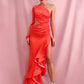 LOVE&amp;LEMONADE Sexy Red Off-Shoulder Side Whit Split Cut Out Ruffled Long Sleeve Maxi Dress LM82202-1