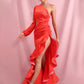 LOVE&amp;LEMONADE Sexy Red Off-Shoulder Side Whit Split Cut Out Ruffled Long Sleeve Maxi Dress LM82202-1