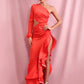 LOVE&amp;LEMONADE Sexy Red Off-Shoulder Side Whit Split Cut Out Ruffled Long Sleeve Maxi Dress LM82202-1