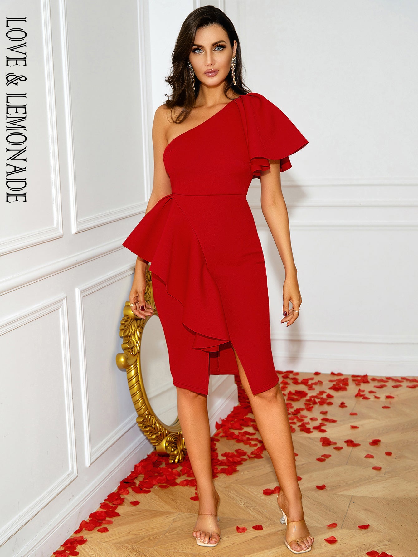 LOVE&amp;LEMONADE Sexy Red One-Shoulder Slant-Neck Sleeveless Tunic Party Midi Dress LM84286