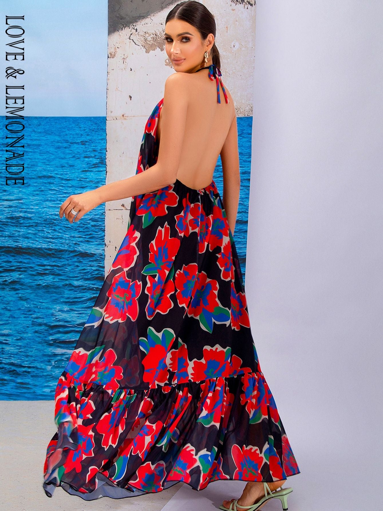 LOVE&amp;LEMONADE Sexy Red Print Sleeveless Hollow A-Line Halter Beach Long Dress  LM83203-2