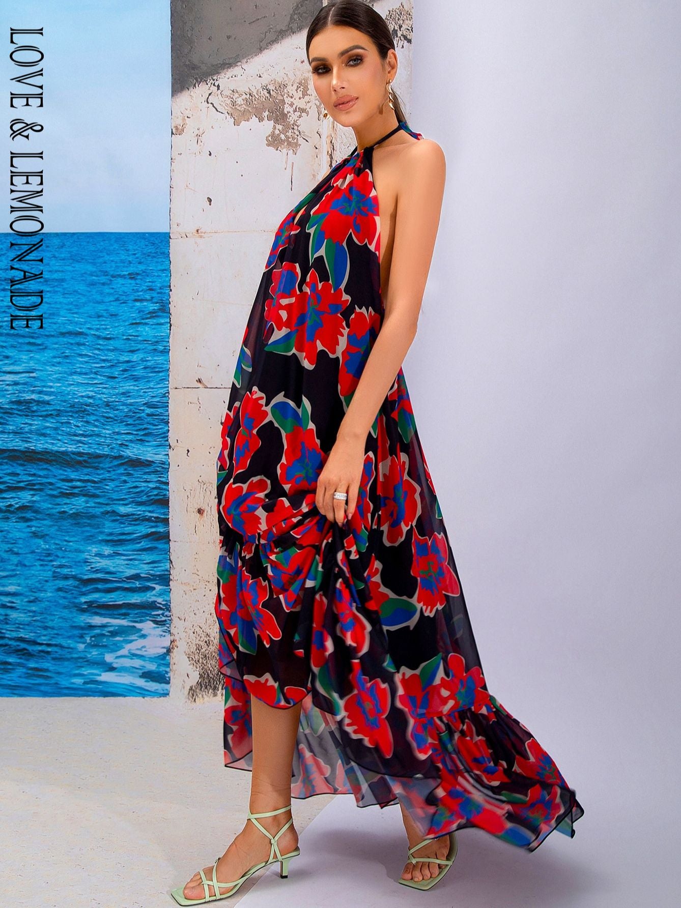 LOVE&amp;LEMONADE Sexy Red Print Sleeveless Hollow A-Line Halter Beach Long Dress  LM83203-2