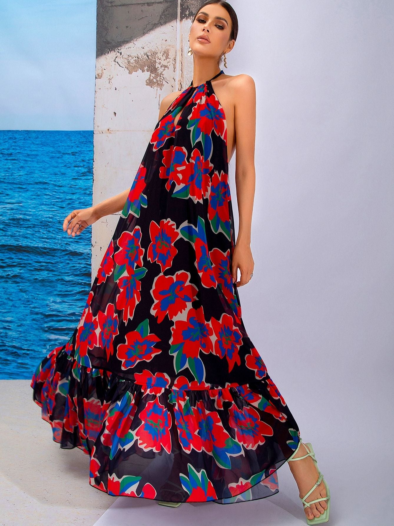 LOVE&amp;LEMONADE Sexy Red Print Sleeveless Hollow A-Line Halter Beach Long Dress  LM83203-2