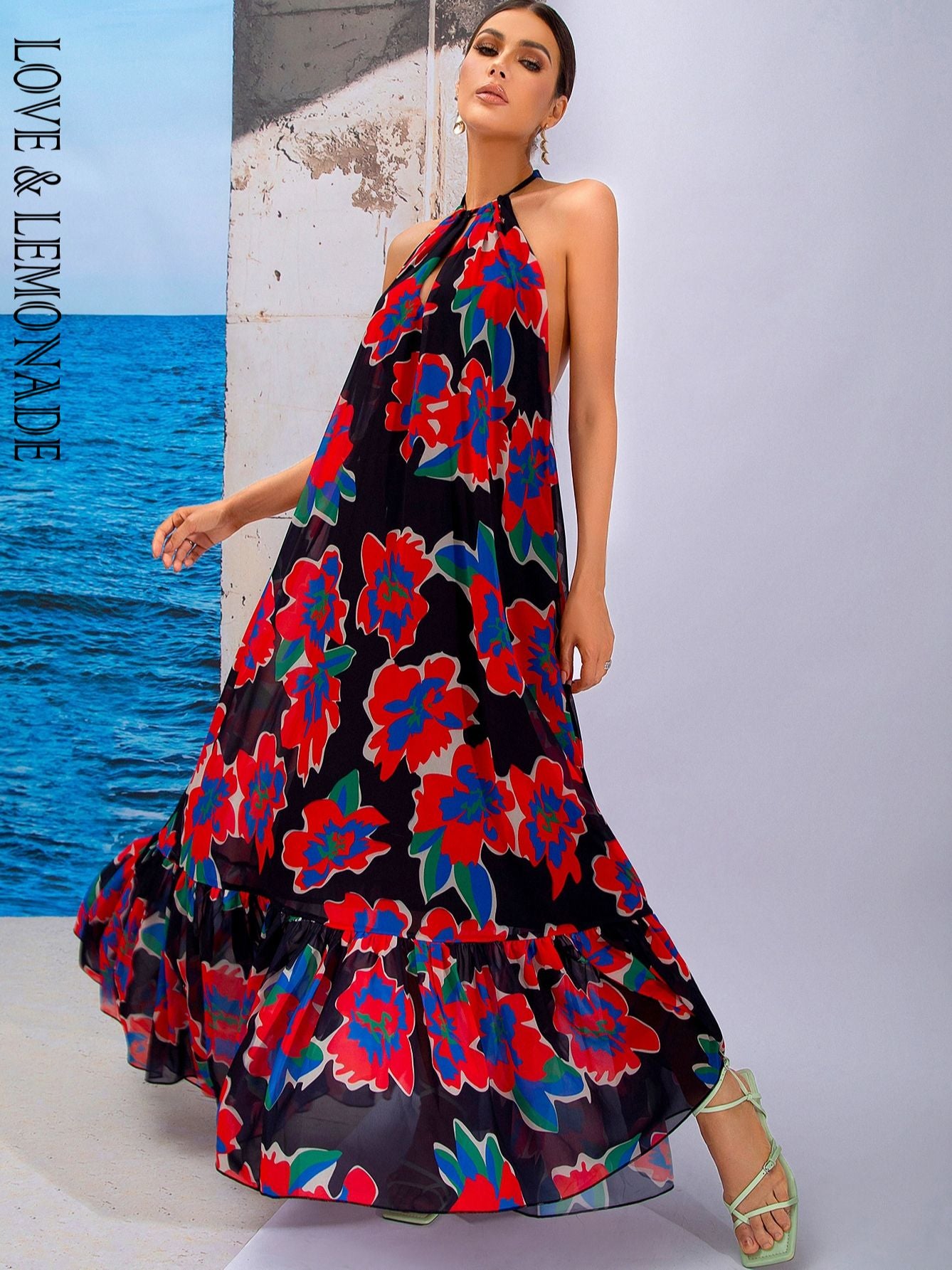 LOVE&amp;LEMONADE Sexy Red Print Sleeveless Hollow A-Line Halter Beach Long Dress  LM83203-2