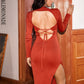 LOVE&amp;LEMONADE Sexy Red Round Neck Slim-Fit Tight-Fitting Slit Stretch Long-Sleeved Prom Dress KD02173