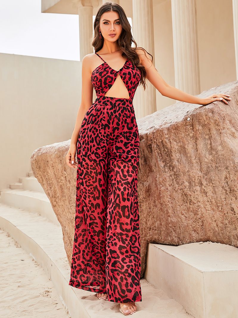 LOVE&amp;LEMONADE Sexy Red Sling Cutout Loose Straight Fit Satin Jumpsuit LM83373