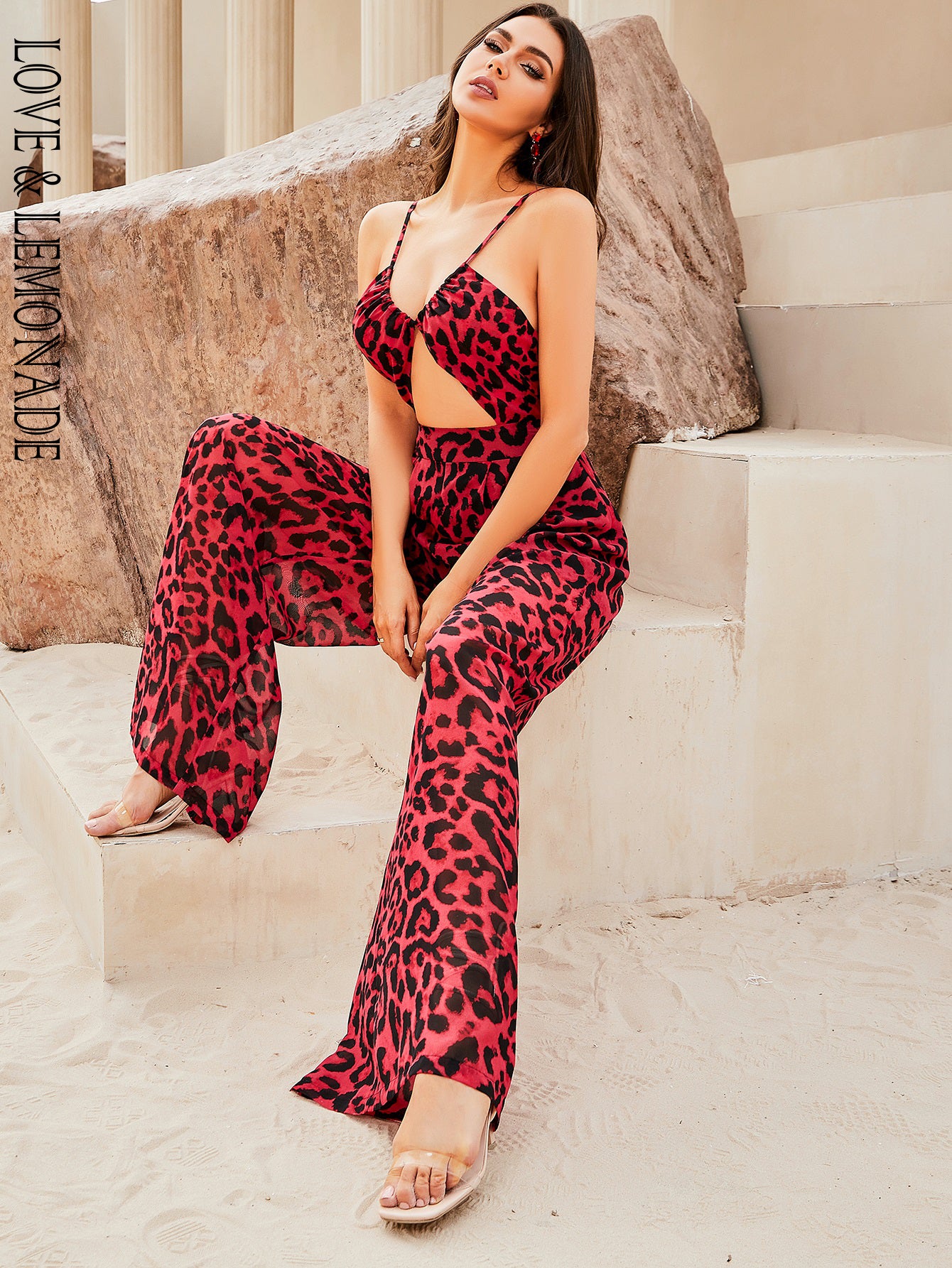 LOVE&amp;LEMONADE Sexy Red Sling Cutout Loose Straight Fit Satin Jumpsuit LM83373