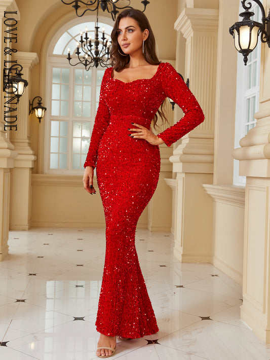 LOVE&amp;LEMONADE Sexy Red Square Neck Long Sleeve Tunic Sequin Fishtail Party Maxi Dress LM84211