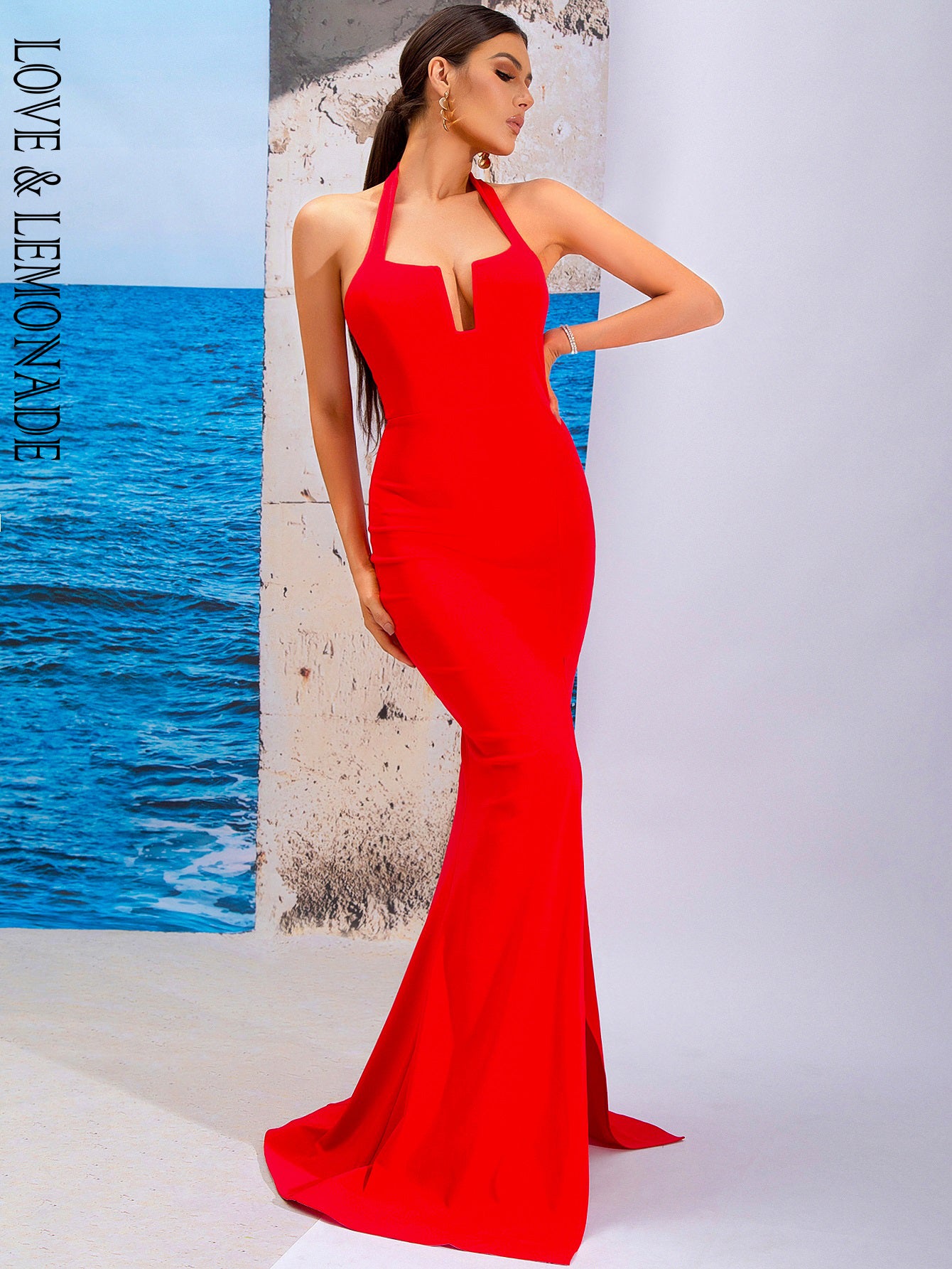 LOVE&LEMONADE Sexy Red Tube Top Halter Hollow Sleeveless Corset Slit A-Line Party Maxi Dress LM84296