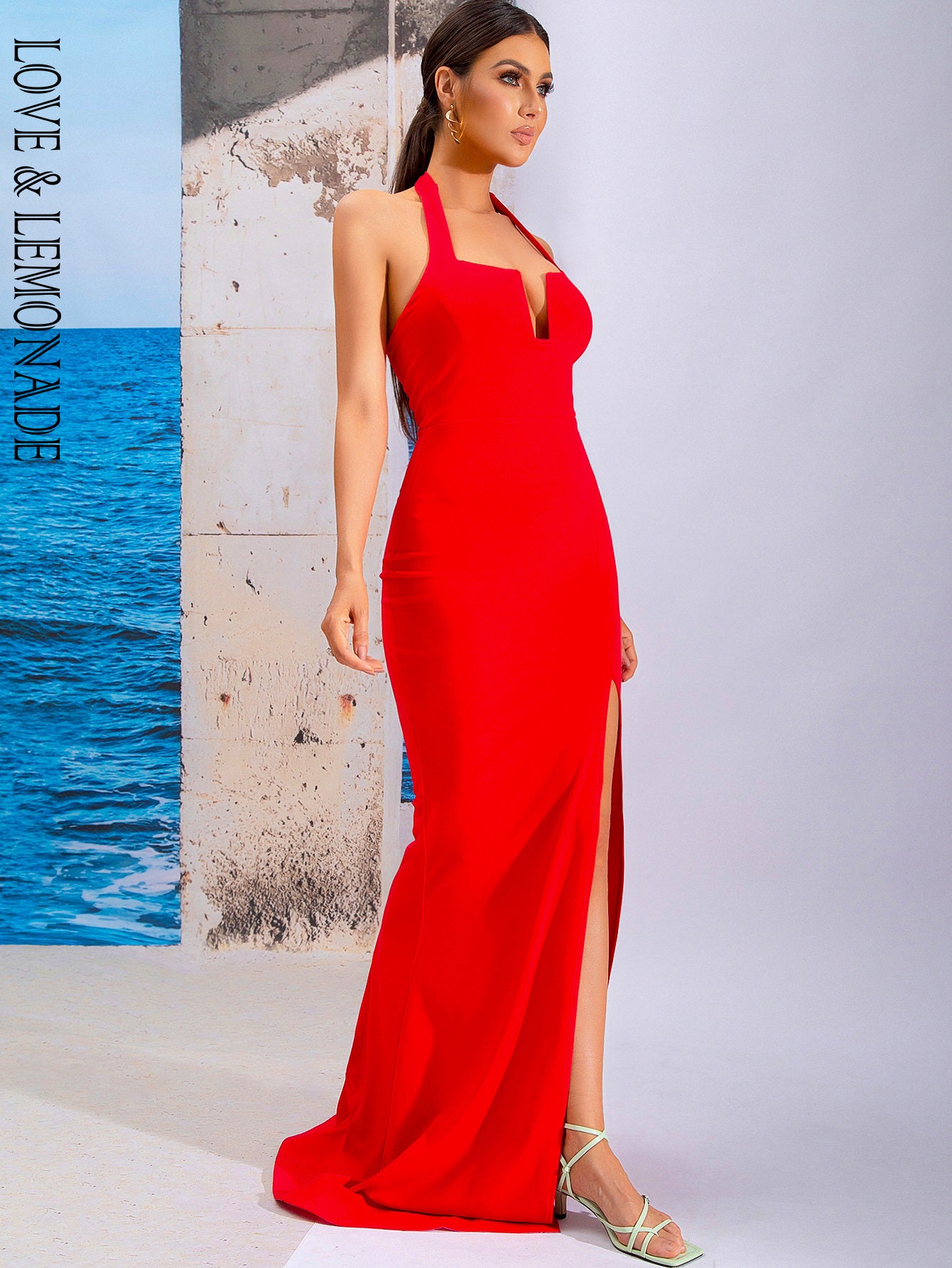 LOVE&LEMONADE Sexy Red Tube Top Halter Hollow Sleeveless Corset Slit A-Line Party Maxi Dress LM84296