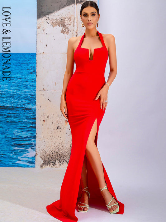 LOVE&amp;LEMONADE Sexy Red Tube Top Halter Hollow Sleeveless Corset Slit A-Line Party Maxi Dress LM84296