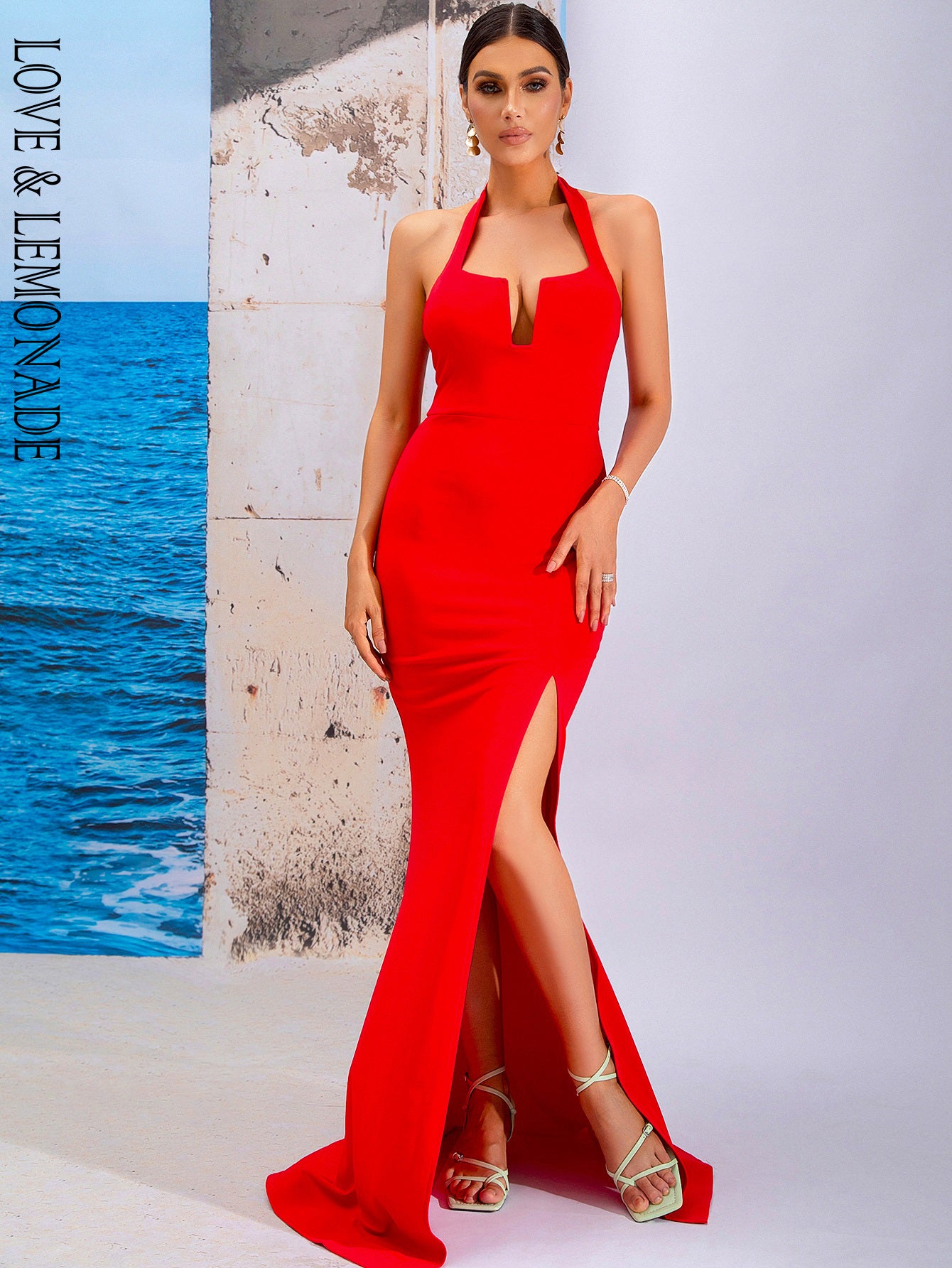 LOVE&LEMONADE Sexy Red Tube Top Halter Hollow Sleeveless Corset Slit A-Line Party Maxi Dress LM84296