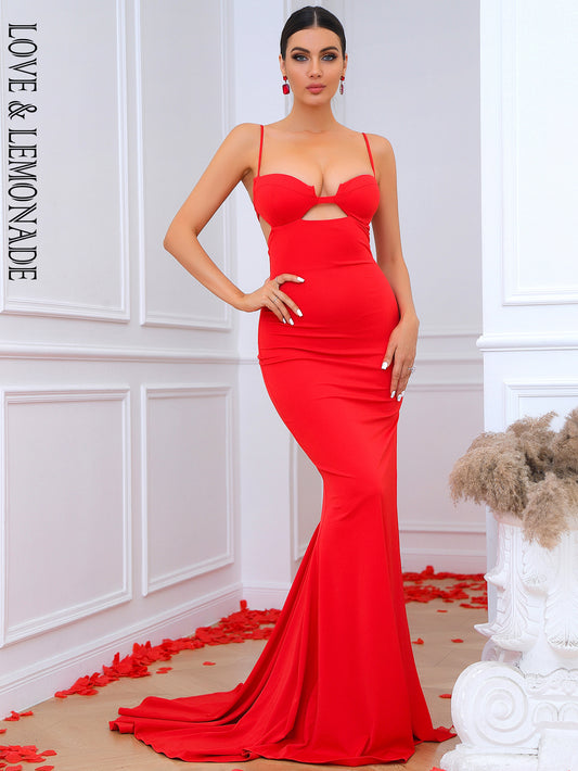 LOVE&amp;LEMONADE Sexy Red Tube Top Strap Cutout Sleeveless Corset Tight Fishtail Shape Mopping Party Maxi Dress LM84342