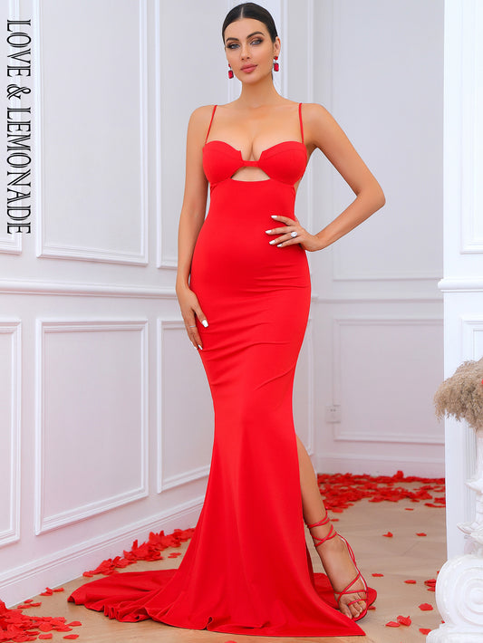 LOVE&amp;LEMONADE Sexy Red Tube Top Strap Cutout Sleeveless Corset Tight Fishtail Shape Mopping Party Maxi Dress LM84342