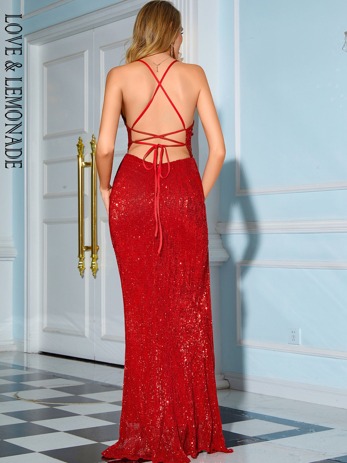 LOVE&amp;LEMONADE  Sexy Red Tube Top Strap Slit Sequined Backless Prom Dress LM83729