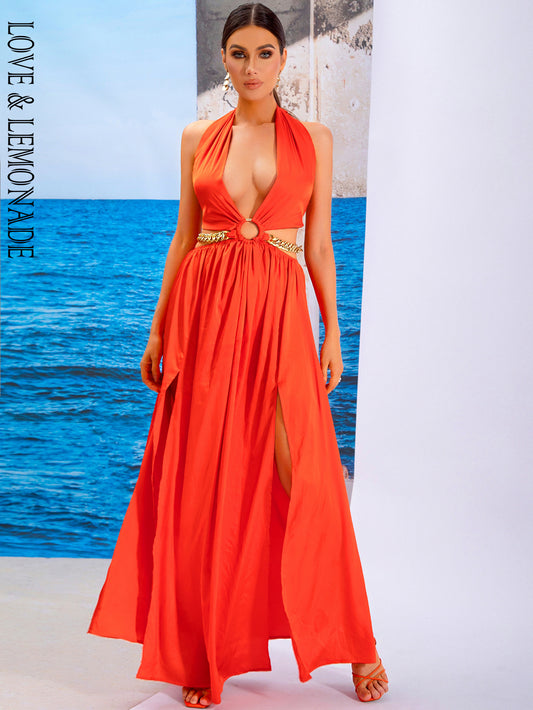 LOVE&amp;LEMONADE Sexy Red  V-Neck Halter Sleeveless Cutout Long Dress Slit Party Maxi Dress  LM83285-B