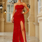 LOVE&amp;LEMONADE Sexy Red Wrap Chest V Neck One Side Cutout Stretch Tassel Sequin Fitted Party Long Dress LM84229