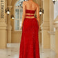 LOVE&amp;LEMONADE Sexy Red Wrap Chest V Neck One Side Cutout Stretch Tassel Sequin Fitted Party Long Dress LM84229