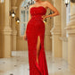 LOVE&amp;LEMONADE Sexy Red Wrap Chest V Neck One Side Cutout Stretch Tassel Sequin Fitted Party Long Dress LM84229