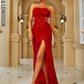 LOVE&amp;LEMONADE Sexy Red Wrap Chest V Neck One Side Cutout Stretch Tassel Sequin Fitted Party Long Dress LM84229