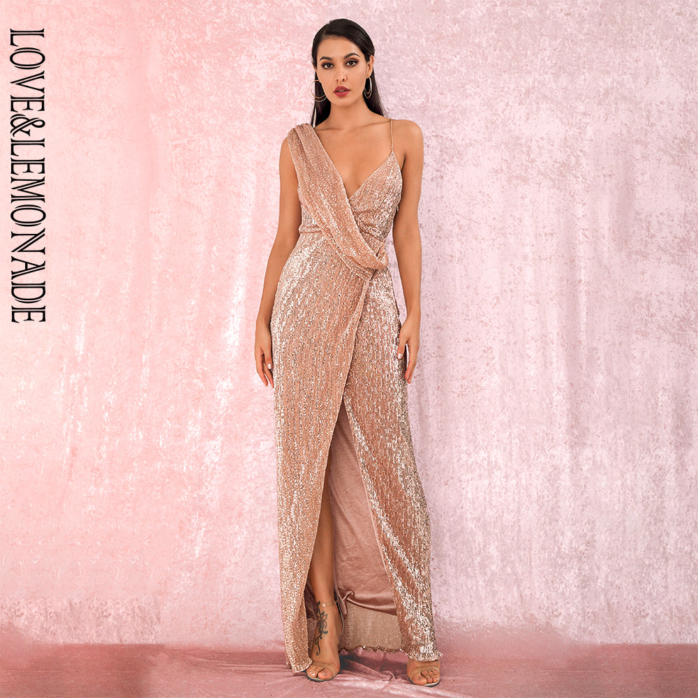 LOVE&amp;LEMONADE Sexy Rose Gold Deep V-Neck Whit Split Sequins Party Maxi Dress LM81849