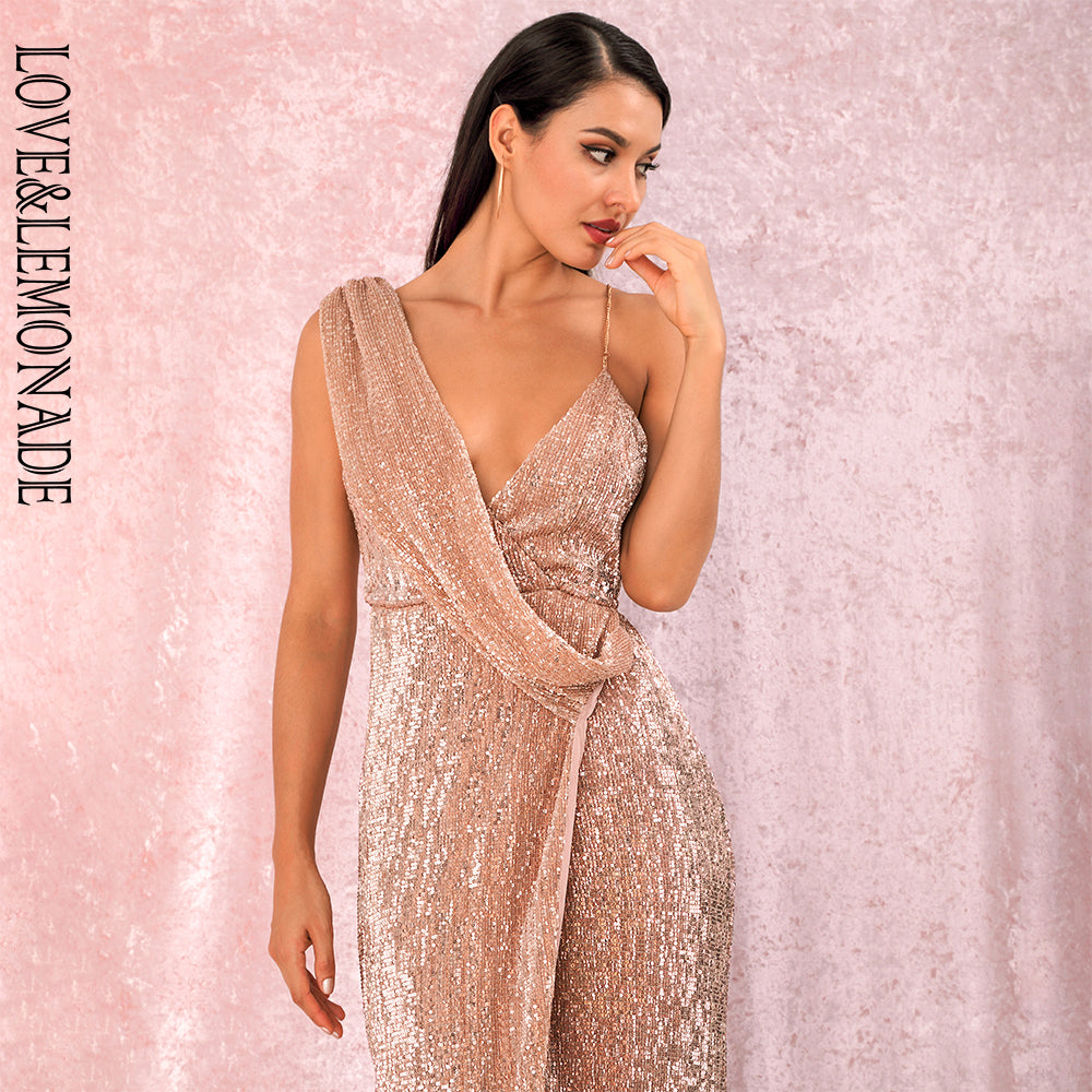 LOVE&amp;LEMONADE Sexy Rose Gold Deep V-Neck Whit Split Sequins Party Maxi Dress LM81849