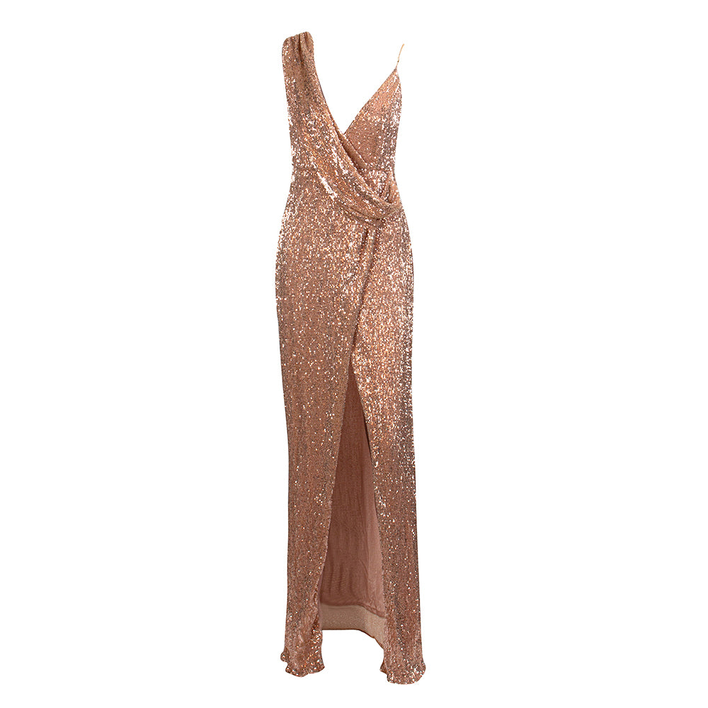 LOVE&amp;LEMONADE Sexy Rose Gold Deep V-Neck Whit Split Sequins Party Maxi Dress LM81849