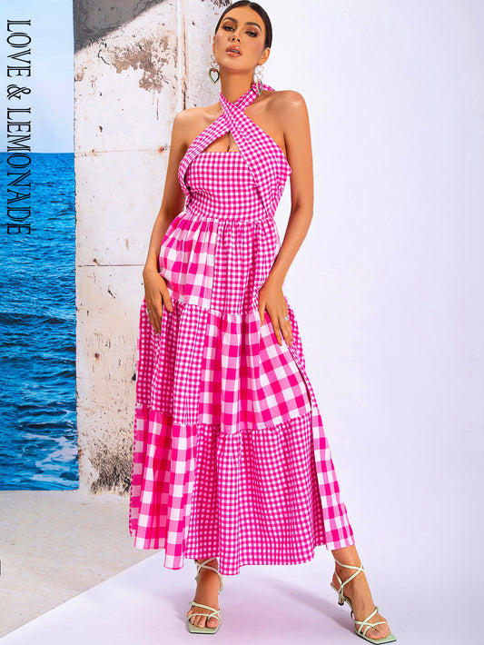 LOVE&amp;LEMONADE Sexy Rose Red Cross Straps Geometric Pattern Plaid Panel Sleeveless Off Shoulder Party Midi Dress MD04308 ROSE RED