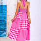LOVE&amp;LEMONADE Sexy Rose Red Cross Straps Geometric Pattern Plaid Panel Sleeveless Off Shoulder Party Midi Dress MD04308 ROSE RED
