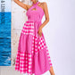 LOVE&amp;LEMONADE Sexy Rose Red Cross Straps Geometric Pattern Plaid Panel Sleeveless Off Shoulder Party Midi Dress MD04308 ROSE RED