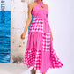 LOVE&amp;LEMONADE Sexy Rose Red Cross Straps Geometric Pattern Plaid Panel Sleeveless Off Shoulder Party Midi Dress MD04308 ROSE RED