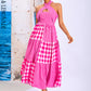 LOVE&amp;LEMONADE Sexy Rose Red Cross Straps Geometric Pattern Plaid Panel Sleeveless Off Shoulder Party Midi Dress MD04308 ROSE RED