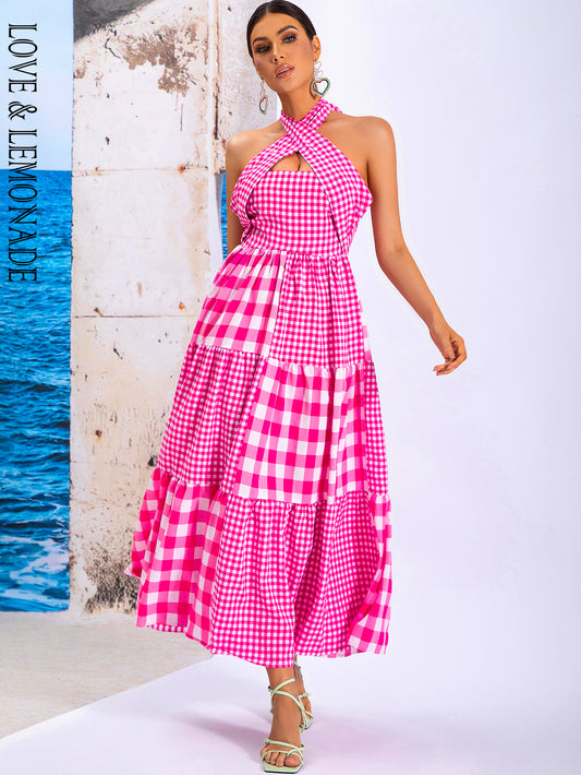 LOVE&amp;LEMONADE Sexy Rose Red Cross Straps Geometric Pattern Plaid Panel Sleeveless Off Shoulder Party Midi Dress MD04308 ROSE RED