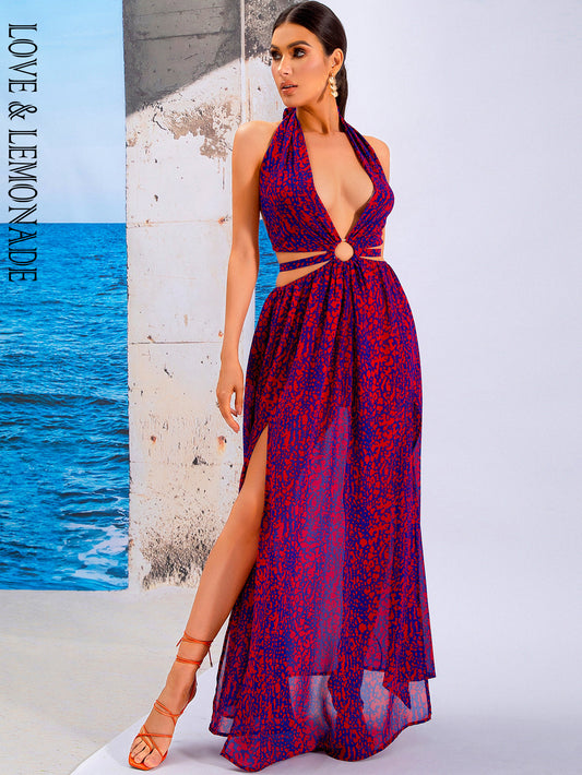 LOVE&amp;LEMONADE Sexy Rose Red V-Neck Halterneck Sleeveless Hollow Maxi Dress With Slits Party Maxi Dress LM83285-A