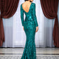 LOVE&amp;LEMONADE Sexy Round Neck Open Back Geometric Element Sequins Material Bodycon Long Sleeve Long Dress  LM81238 GREEN