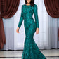 LOVE&amp;LEMONADE Sexy Round Neck Open Back Geometric Element Sequins Material Bodycon Long Sleeve Long Dress  LM81238 GREEN