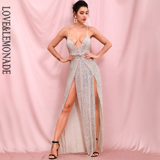 LOVE&amp;LEMONADE Sexy Silver Deep V-Neck Sequins Whit Split A-Line Party Maxi Dress LM82415