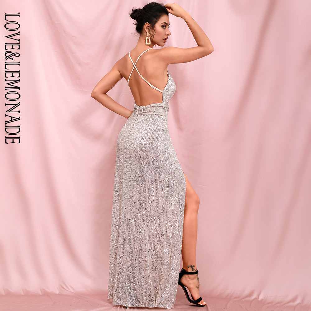 LOVE&amp;LEMONADE Sexy Silver Deep V-Neck Sequins Whit Split A-Line Party Maxi Dress LM82415